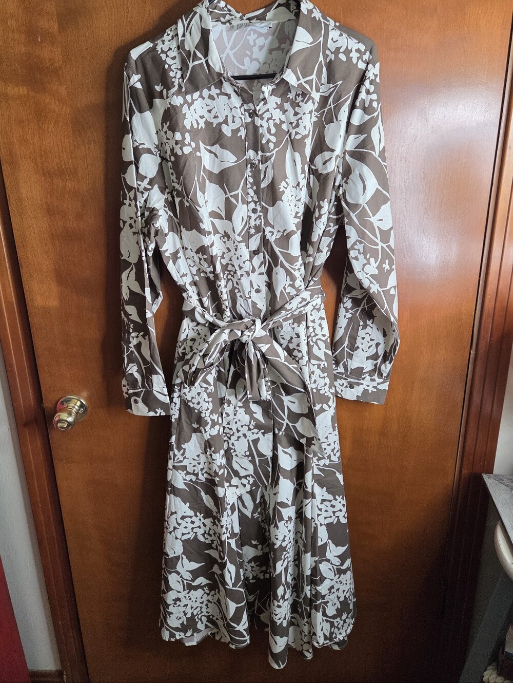 Pari Passu Longsleeve Shirt Dress Tie Waist Brown & White Maxi Size 24 NWT